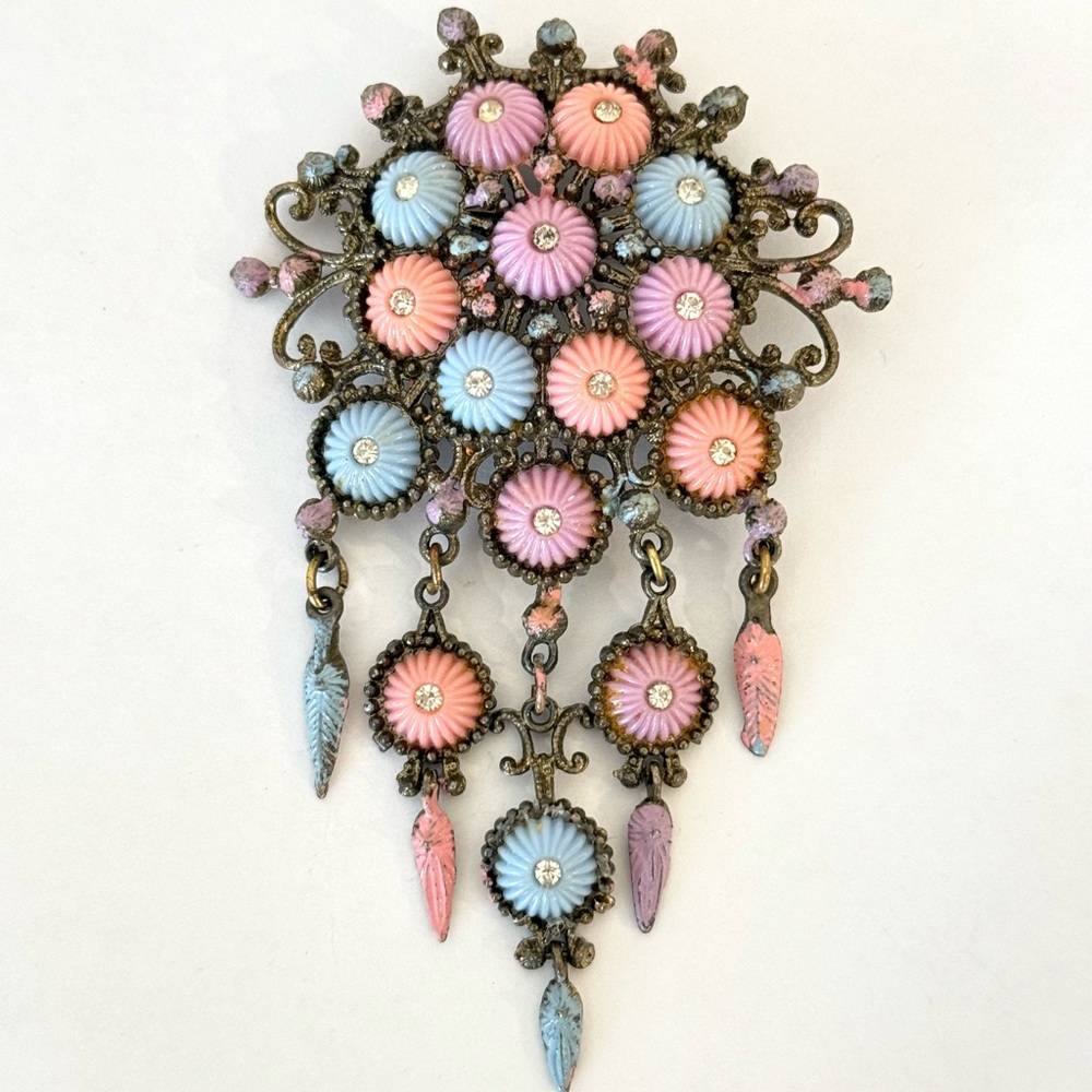Celluloid Pink, Blue, Lavender Flower Dangle Brooch Filigree Metal C Clasp